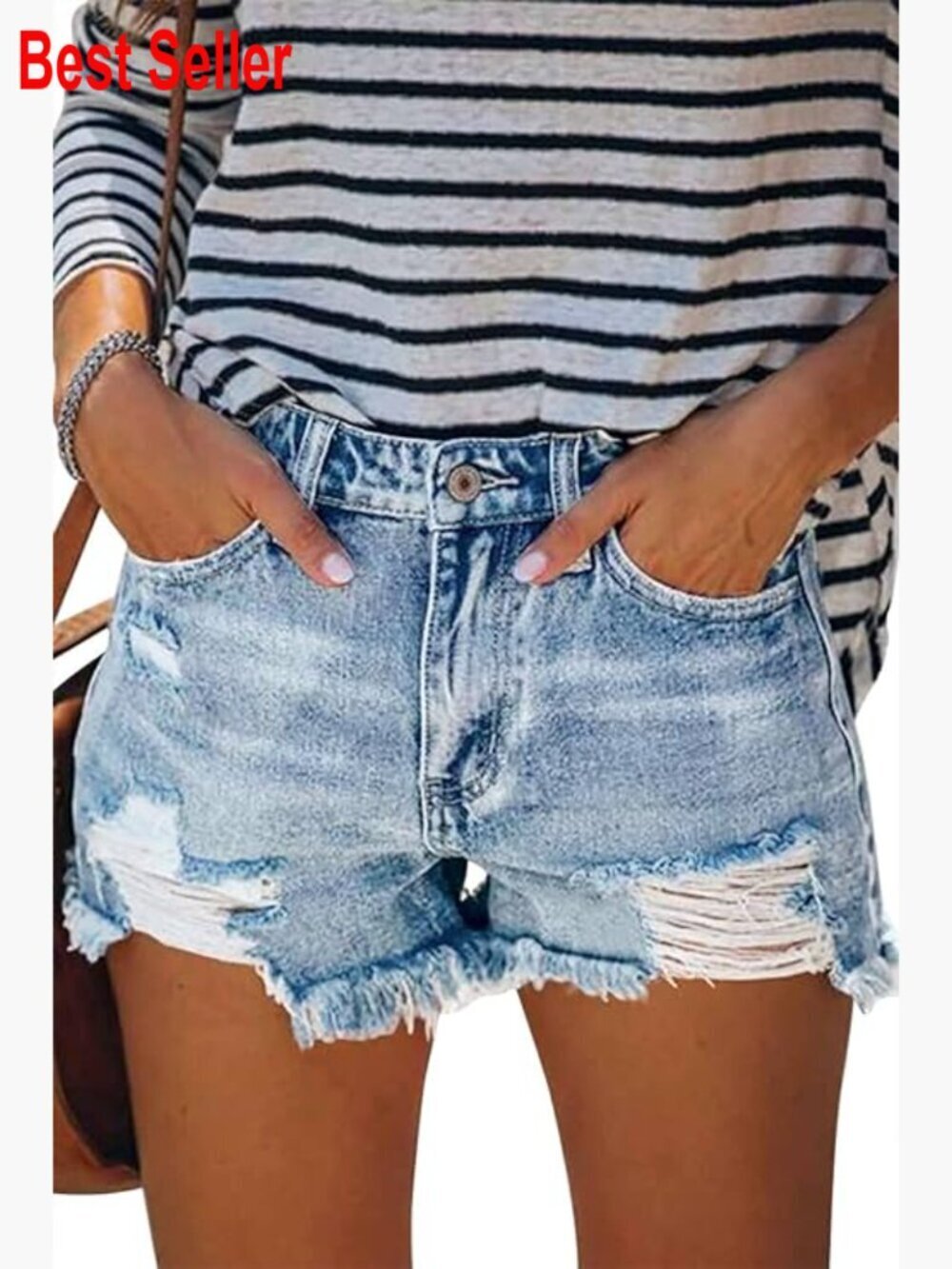 Denim Shorts Mid Waist Ripped Raw Hem Stretchy Jean Shorts